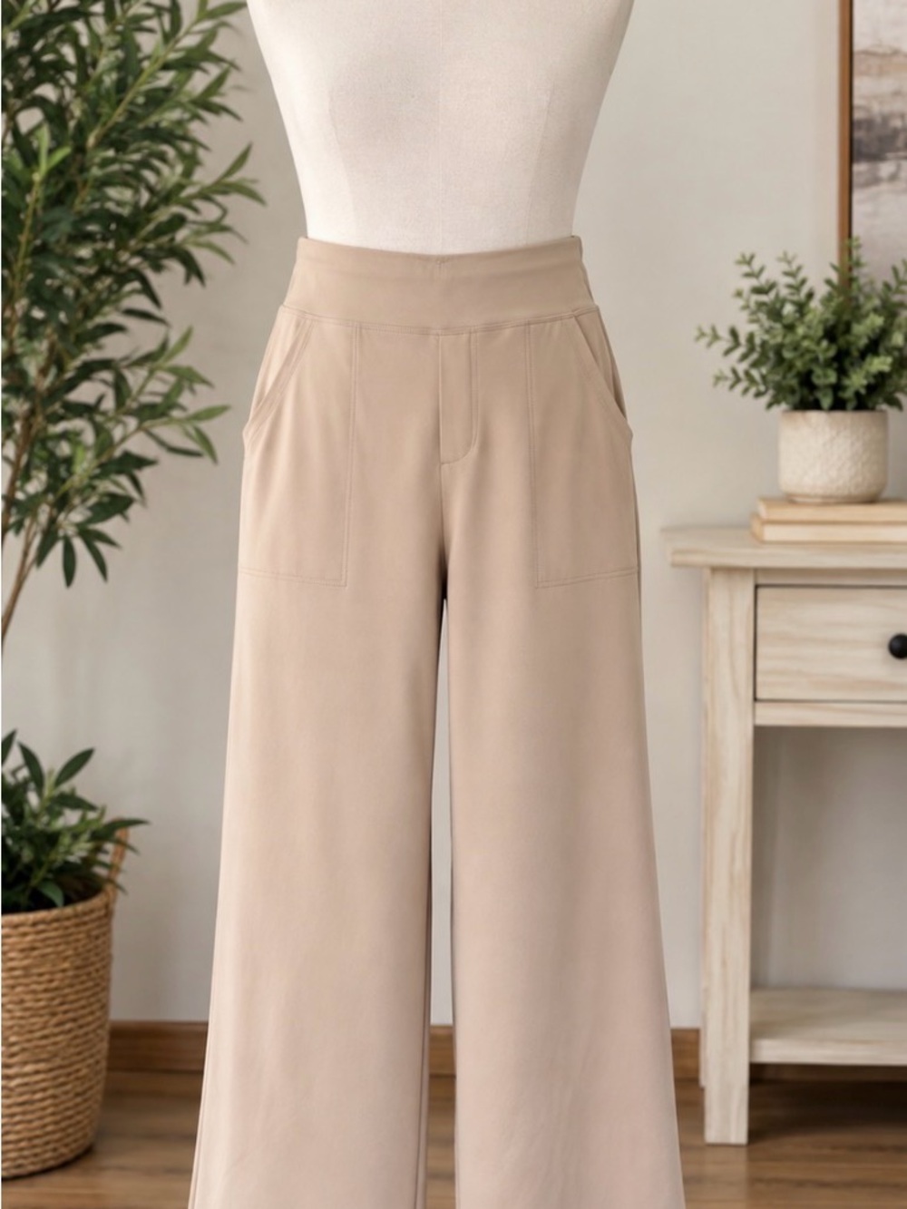 High-Rise Wide Leg Pants in Light Beige